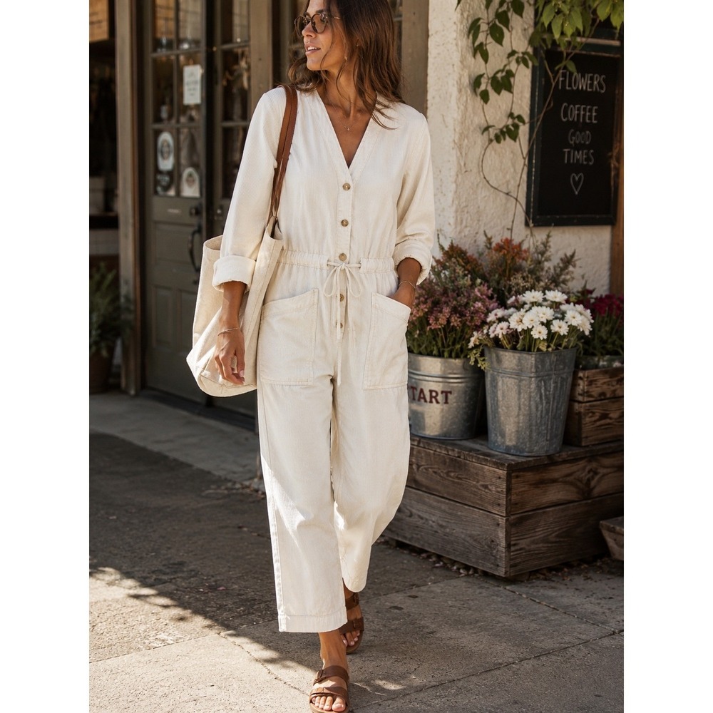 Velvet Graham & Spencer Ruthann Corduroy Utility Jumpsuit Ivory Cream XS